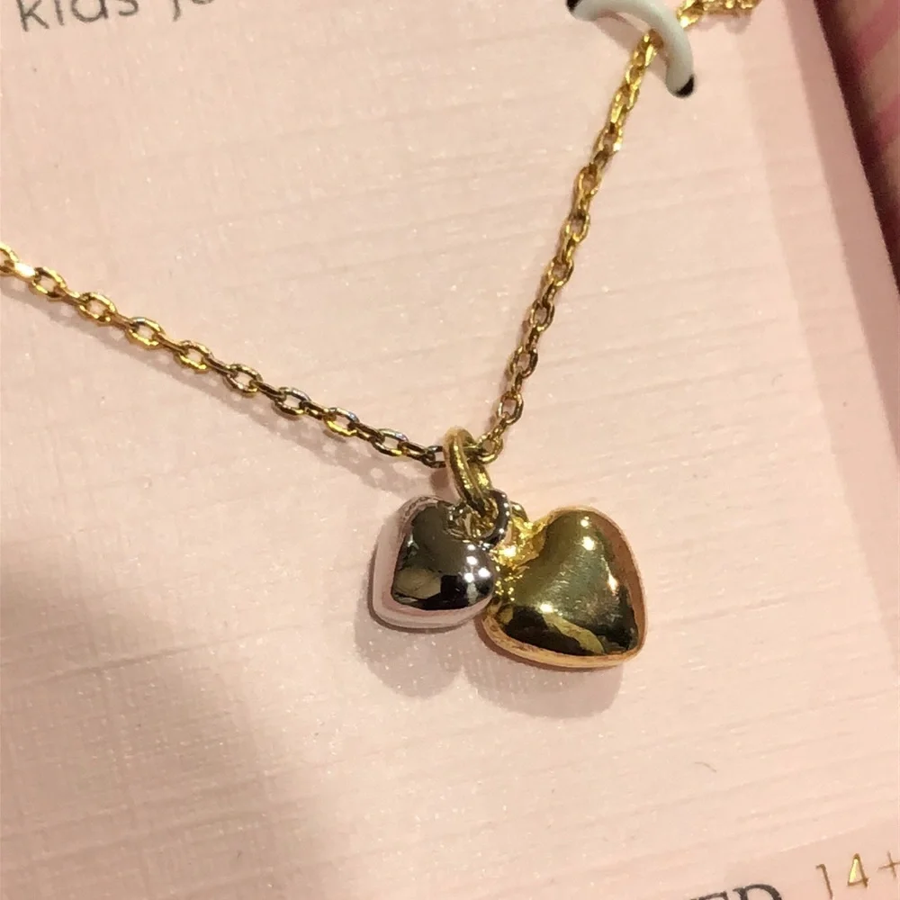 Fine silver plated silver and gold puffy heart pendant 14”‎ kids necklace new